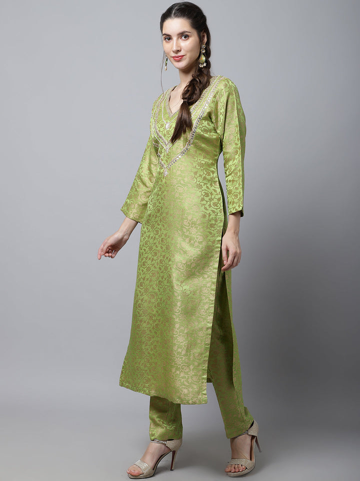 anokherang Combos Maharani Green Embroidered Kurti With Straight Pants