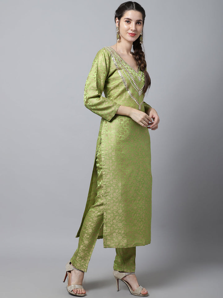 anokherang Combos Maharani Green Embroidered Kurti With Straight Pants