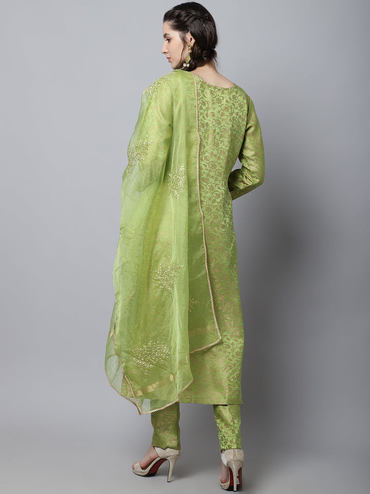 anokherang Combos Maharani Green Embroidered Kurti With Straight Pants And Organza Dupatta