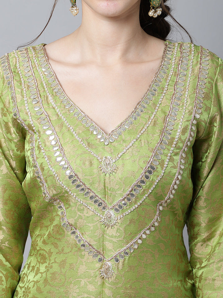 anokherang Combos Maharani Green Embroidered Kurti With Straight Pants And Organza Dupatta