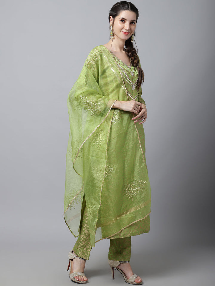anokherang Combos Maharani Green Embroidered Kurti With Straight Pants And Organza Dupatta