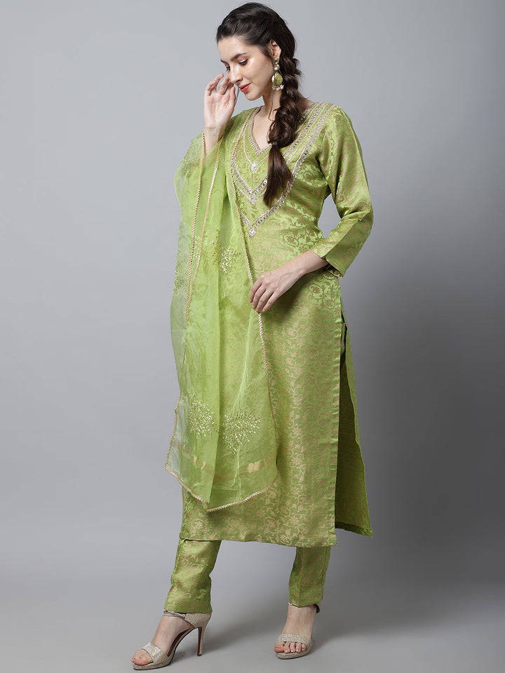 anokherang Combos Maharani Green Embroidered Kurti With Straight Pants And Organza Dupatta