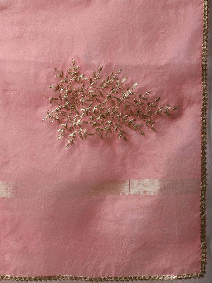 anokherang Combos Maharani Pink Embroidered Kurti With Straight Pants And Organza Dupatta
