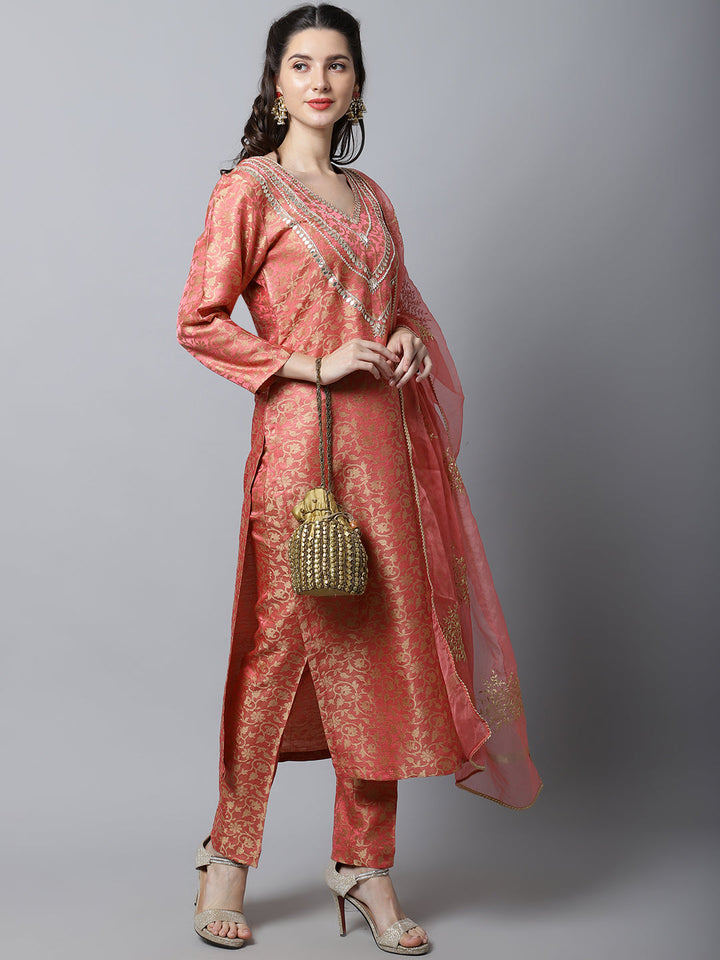 anokherang Combos Maharani Pink Embroidered Kurti With Straight Pants And Organza Dupatta
