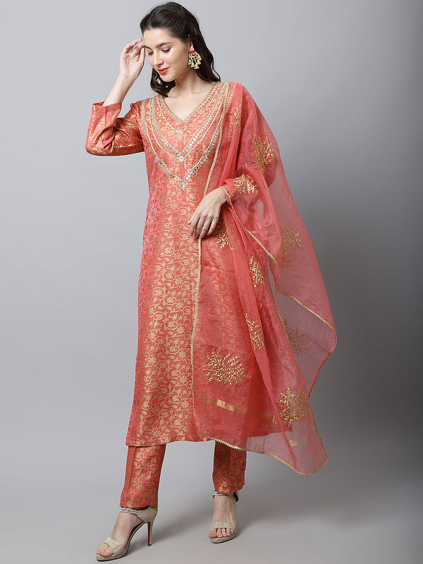 anokherang Combos Maharani Pink Embroidered Kurti With Straight Pants And Organza Dupatta Couple Matching Dress