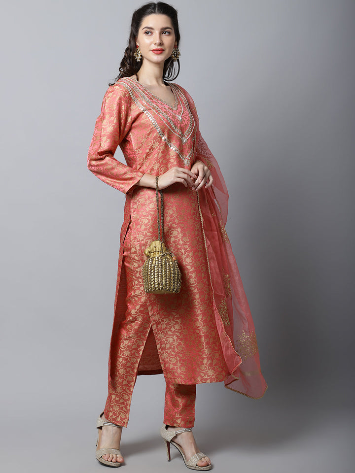 anokherang Combos Maharani Pink Embroidered Kurti With Straight Pants And Organza Dupatta Couple Matching Dress