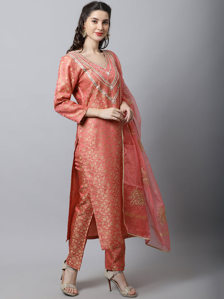 anokherang Combos Maharani Pink Embroidered Kurti With Straight Pants And Organza Dupatta Couple Matching Dress