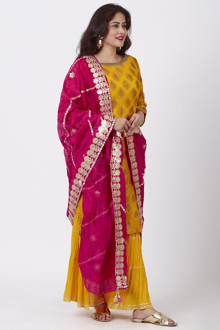 anokherang Combos Mangal Mustard Banarsi Kurti With Crushed Gharara and Pink Silk Gotta Embroidered Dupatta