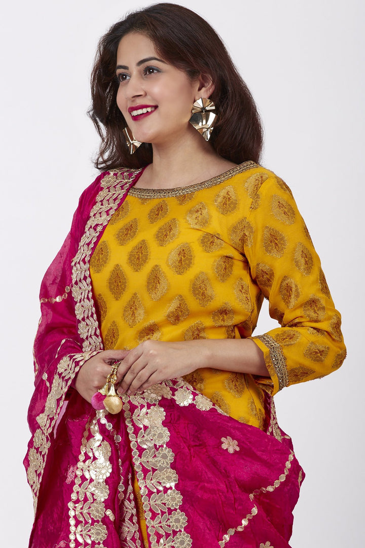 anokherang Combos Mangal Mustard Banarsi Kurti With Crushed Gharara and Pink Silk Gotta Embroidered Dupatta