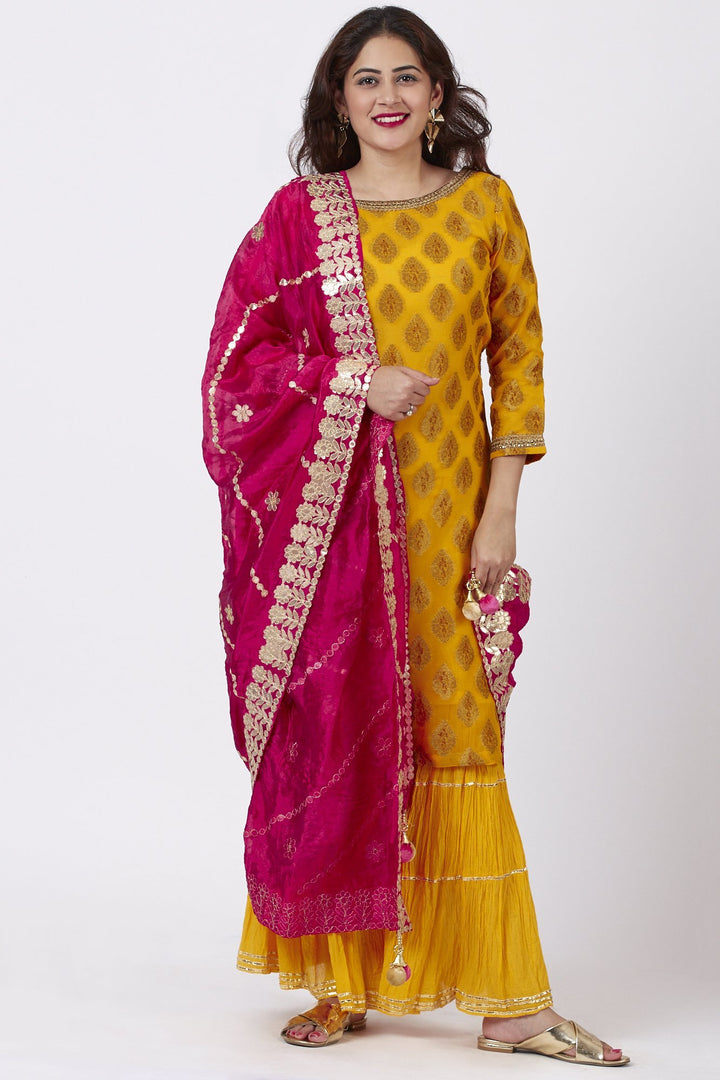 anokherang Combos Mangal Mustard Banarsi Kurti With Crushed Gharara and Pink Silk Gotta Embroidered Dupatta