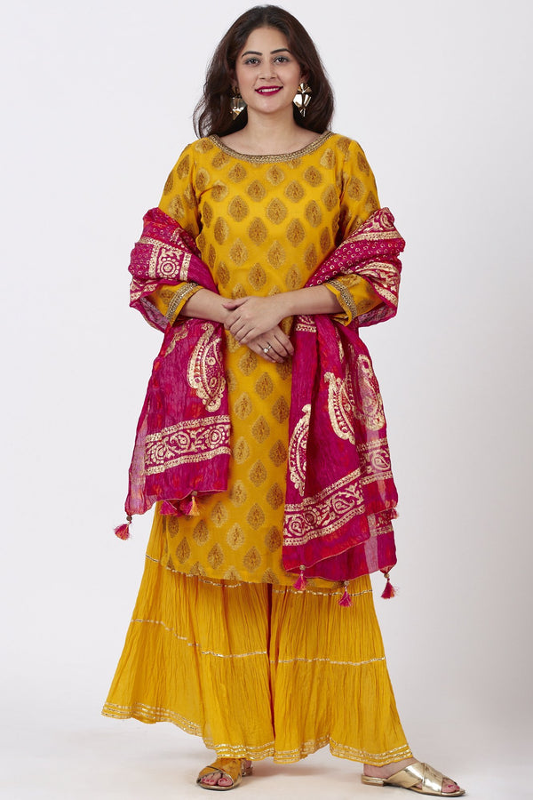 anokherang Combos Mangal Mustard Banarsi Kurti With Crushed Sharara and Tie-Dye Foil Dupatta