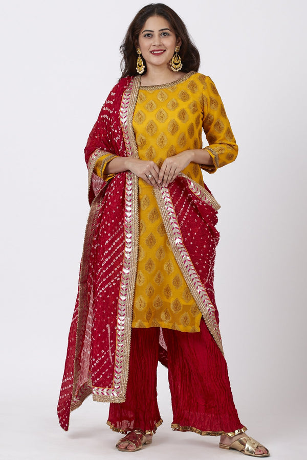 anokherang Combos Mangal Mustard Banarsi Kurti With Crushed Silk Palazzos and Bandhani Dupatta