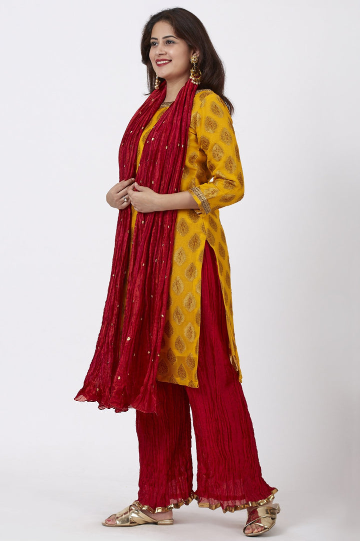 anokherang Combos Mangal Mustard Banarsi Kurti With Red Crushed Palazzo and Silk Crushed Dupatta