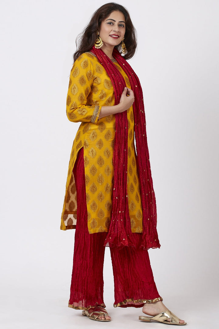 anokherang Combos Mangal Mustard Banarsi Kurti With Red Crushed Palazzo and Silk Crushed Dupatta