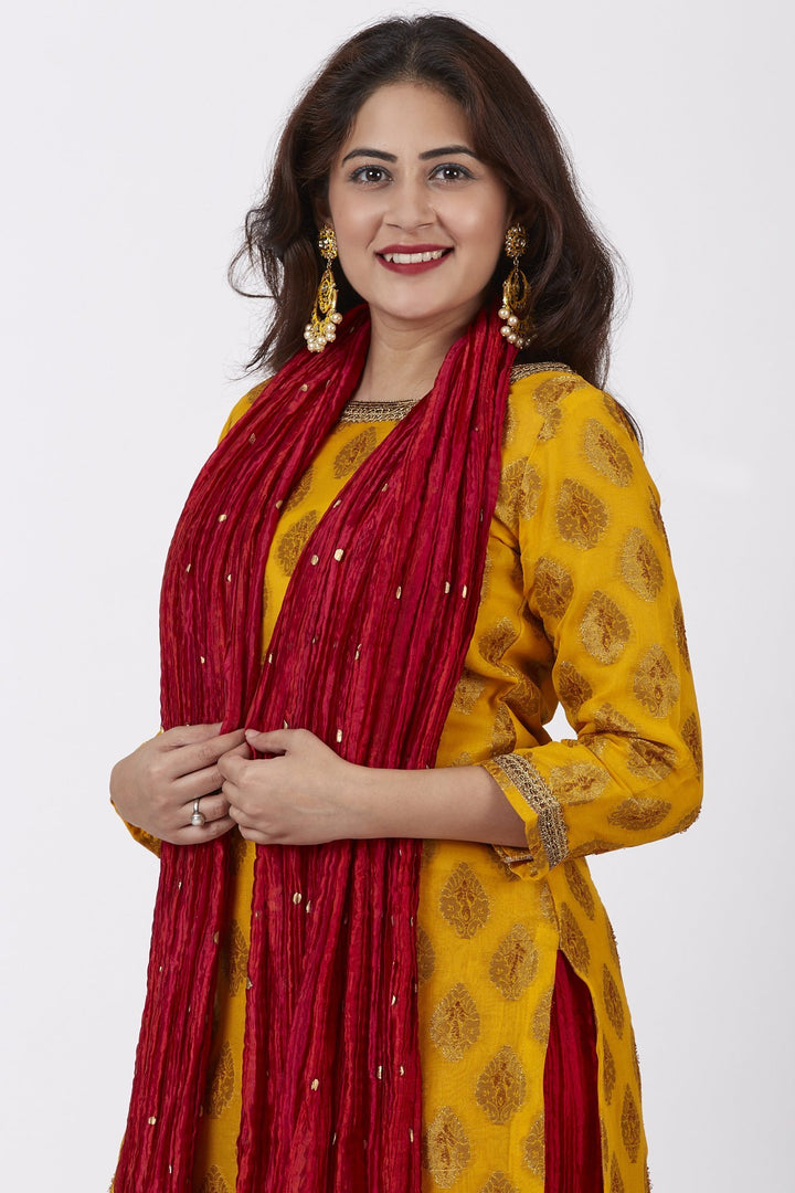 anokherang Combos Mangal Mustard Banarsi Kurti With Red Crushed Palazzo and Silk Crushed Dupatta