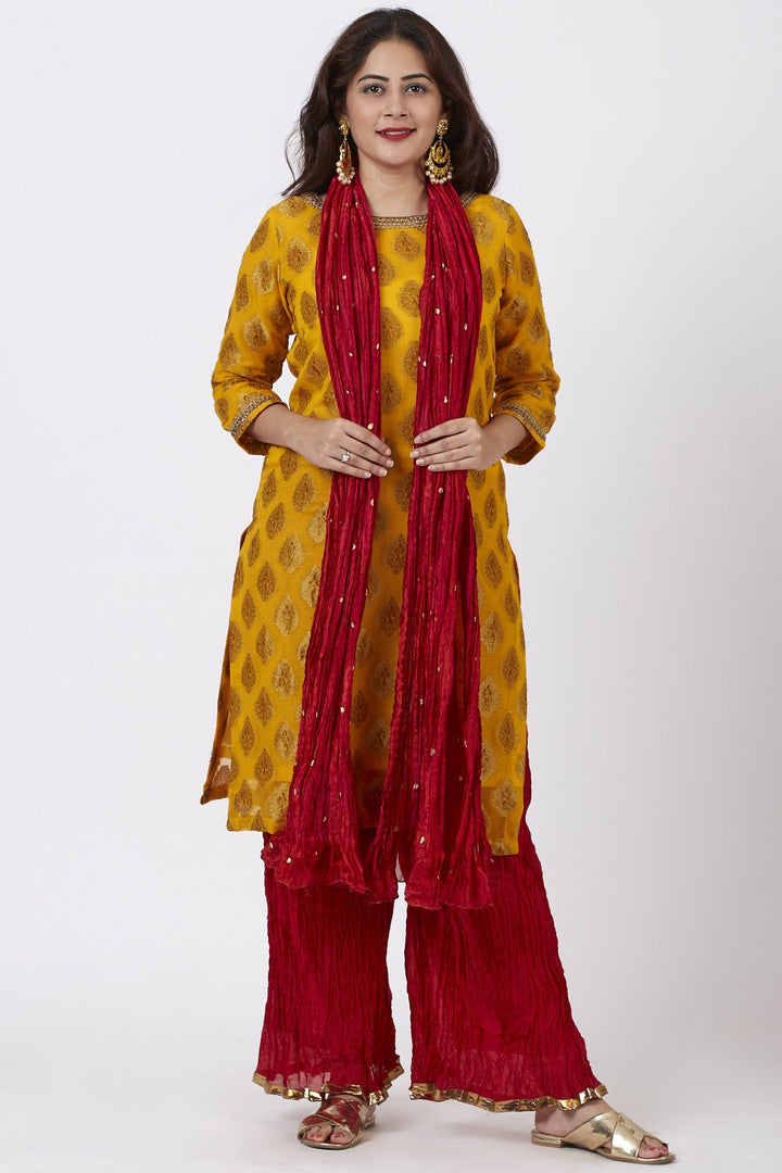 anokherang Combos Mangal Mustard Banarsi Kurti With Red Crushed Palazzo and Silk Crushed Dupatta