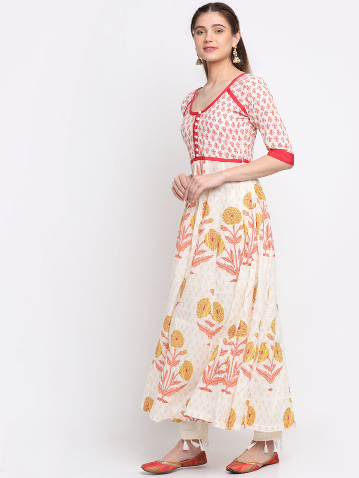 anokherang Combos Marigold Printed White Anarkali Kurti