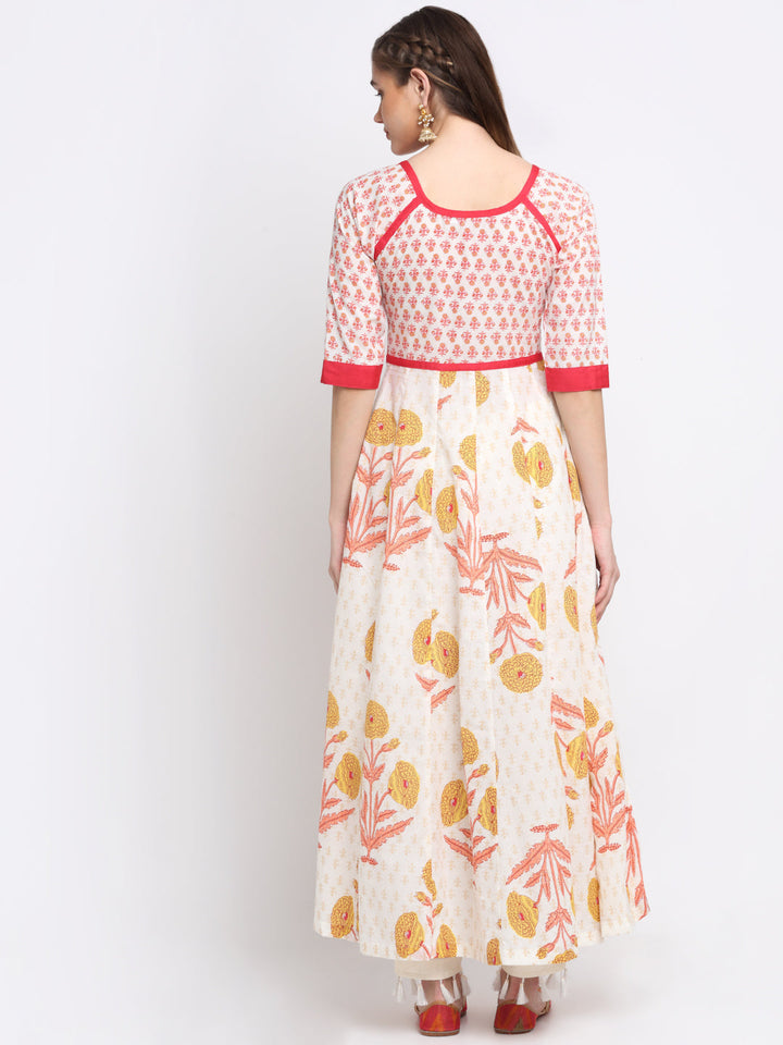 anokherang Combos Marigold Printed White Anarkali Kurti