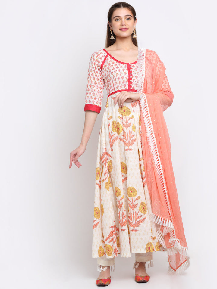 anokherang Combos Marigold Printed White Anarkali with Pants and Chiffon Dupatta