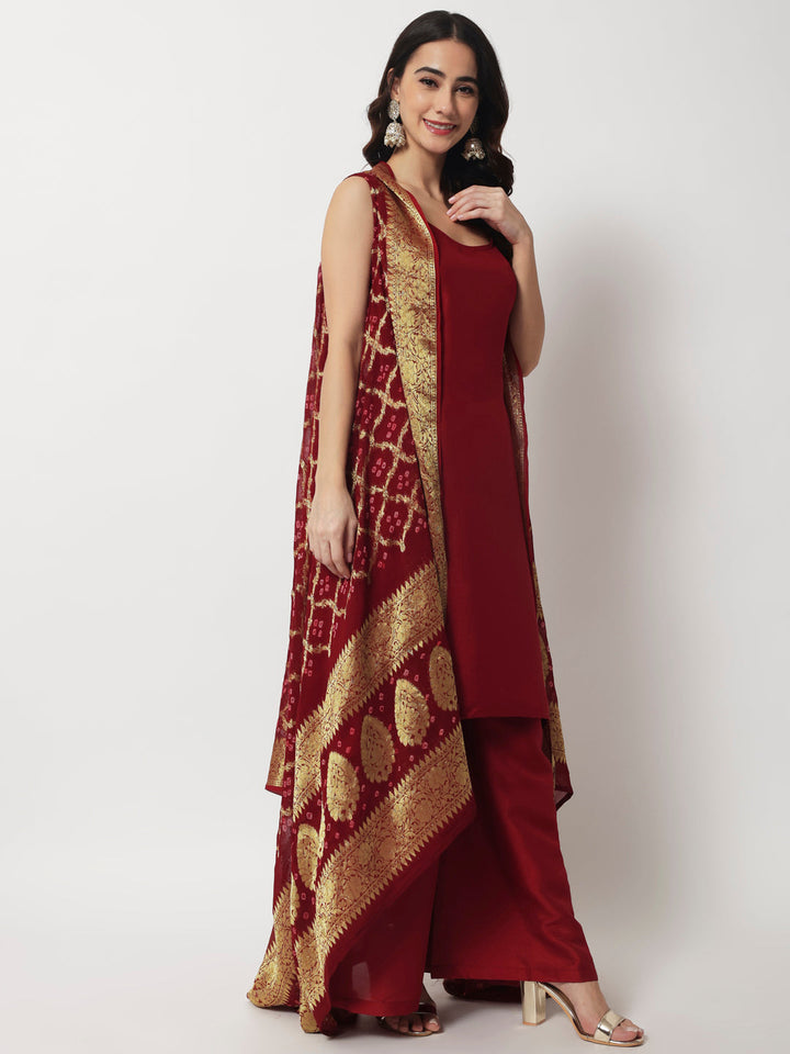 anokherang Combos Maroon Co-ord Set with Banarsi Cape