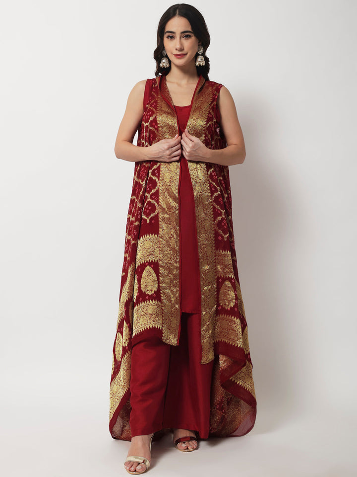 anokherang Combos Maroon Co-ord Set with Banarsi Cape