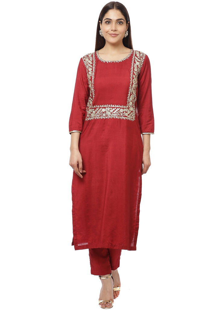 anokherang Combos Maroon Embroidered Straight Kurti with Straight Pants