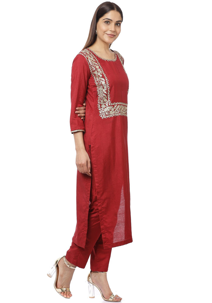 anokherang Combos Maroon Embroidered Straight Kurti with Straight Pants
