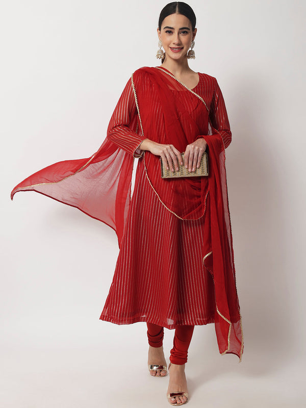 anokherang Combos Maroon Glam Foil Lines Kurti With Chudidar and Chiffon Dupatta