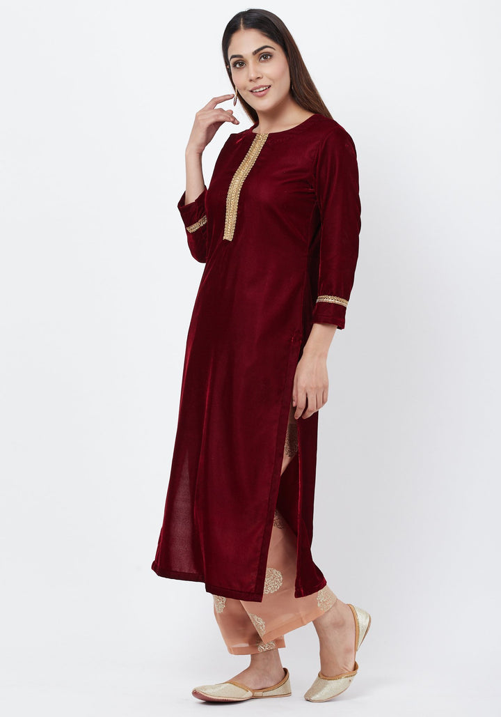 anokherang Combos Maroon Gold Velvet Kundan Kurti with Foil Palazzo