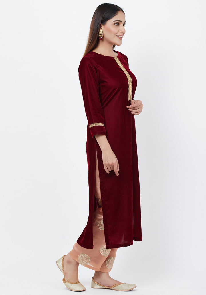 anokherang Combos Maroon Gold Velvet Kundan Kurti with Foil Palazzo