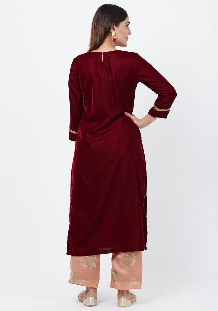 anokherang Combos Maroon Gold Velvet Kundan Kurti with Foil Palazzo