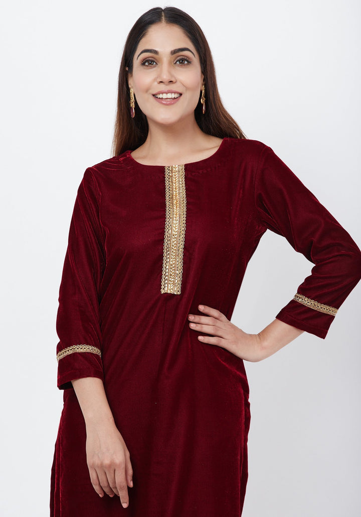 anokherang Combos Maroon Gold Velvet Kundan Kurti with Foil Palazzo