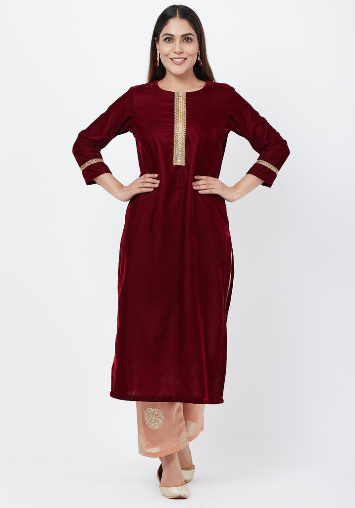 anokherang Combos Maroon Gold Velvet Kundan Kurti with Foil Palazzo