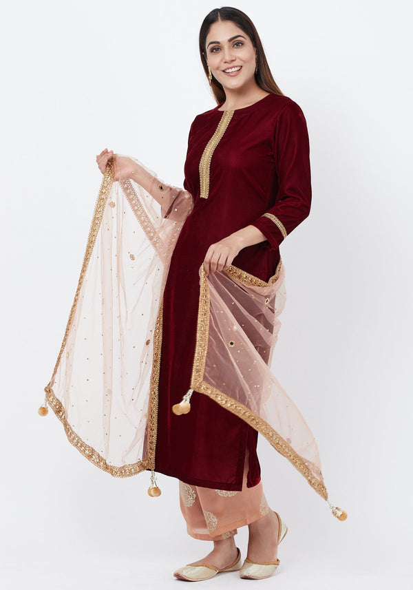 anokherang Combos Maroon Gold Velvet Kundan Kurti with Foil Palazzo and Blush Mirror Dupatta