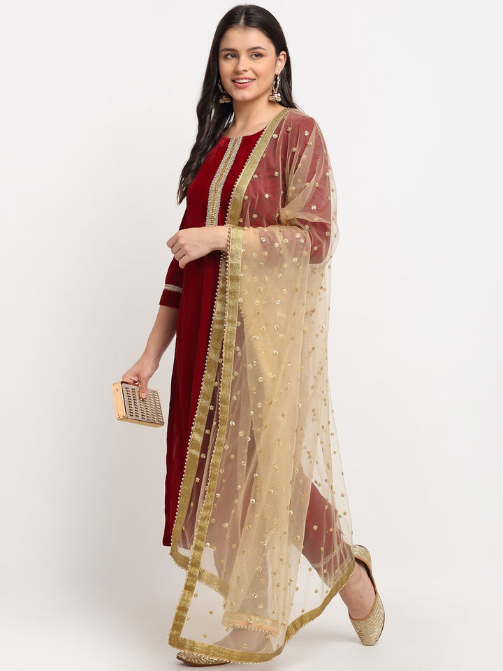 anokherang Combos Maroon Gold Velvet Kundan Kurti with Straight Pants and Organza Dupatta