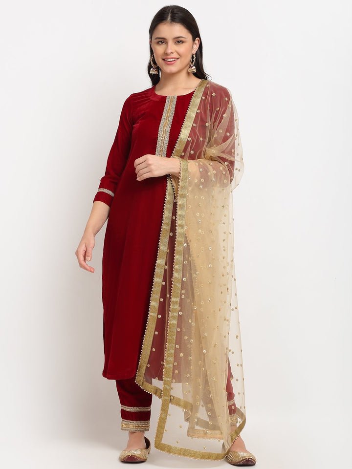 anokherang Combos Maroon Gold Velvet Kundan Kurti with Straight Pants and Organza Dupatta