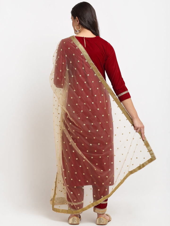 anokherang Combos Maroon Gold Velvet Kundan Kurti with Straight Pants and Organza Dupatta