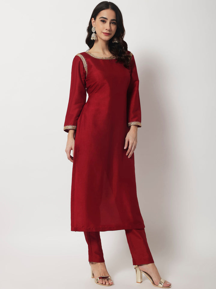 anokherang Combos Copy of Maroon Grace Silk Straight Kurti With Straight Pants