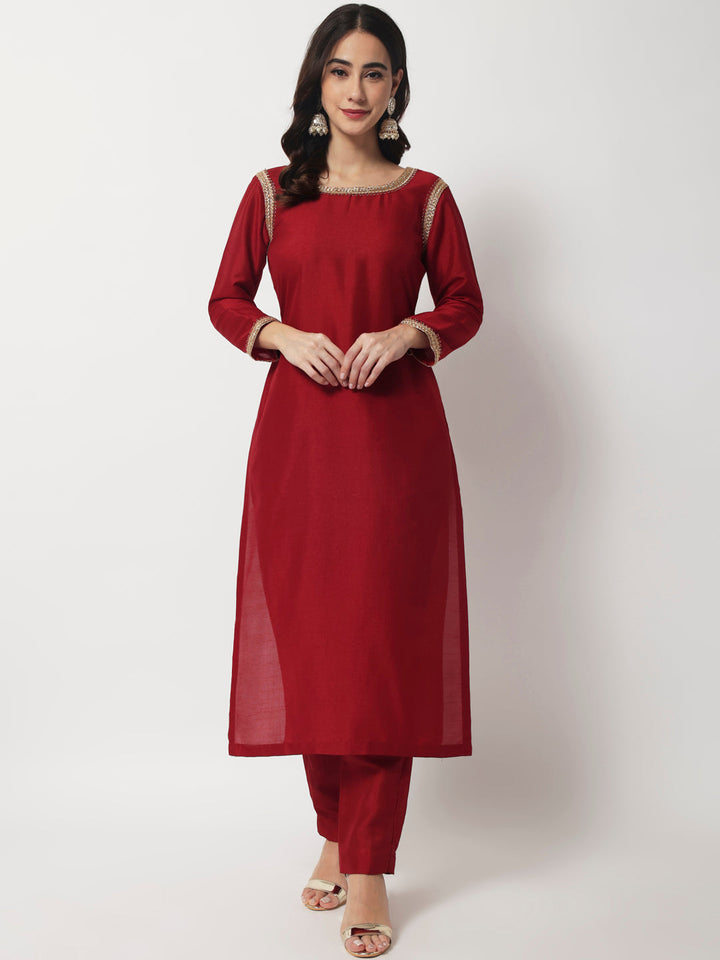 anokherang Combos Copy of Maroon Grace Silk Straight Kurti With Straight Pants