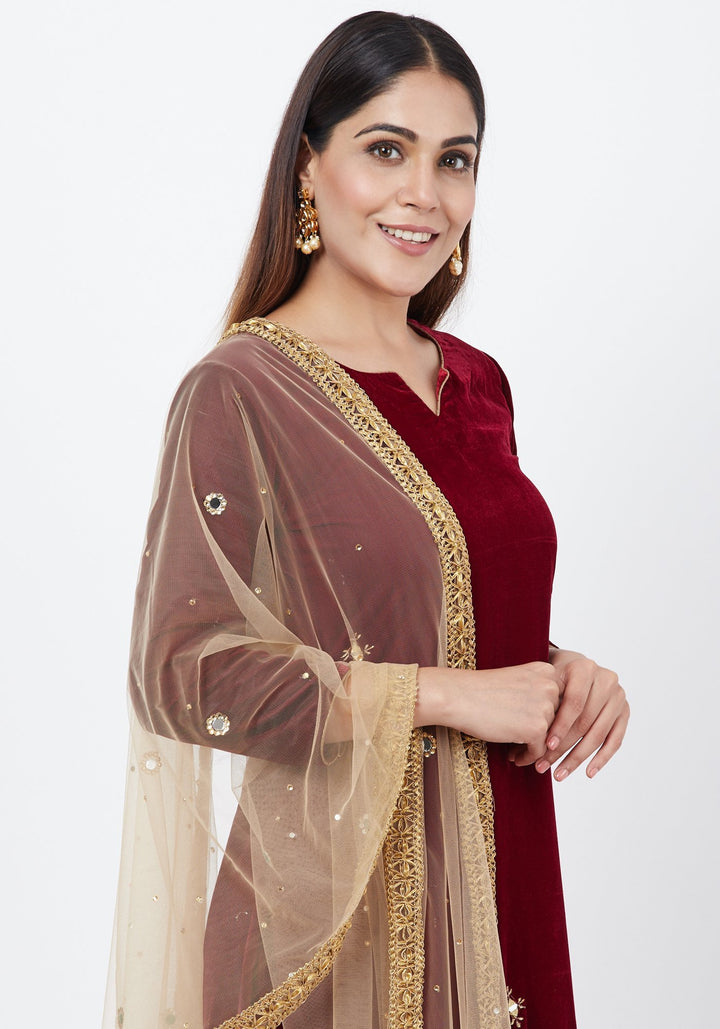 anokherang Combos Marron Velvet Mirror Embroidered Kurti with Straight Velvet Pants