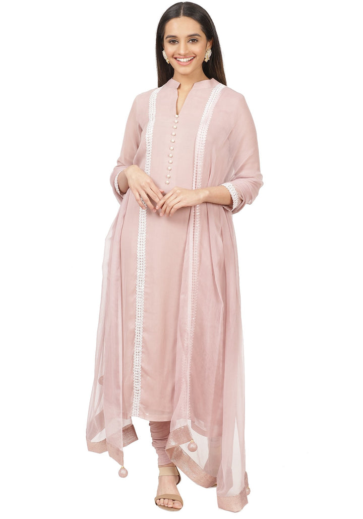 anokherang Combos Mauve Pearl Georgette Straight Kurti with Churidaar and Chiffon Dupatta