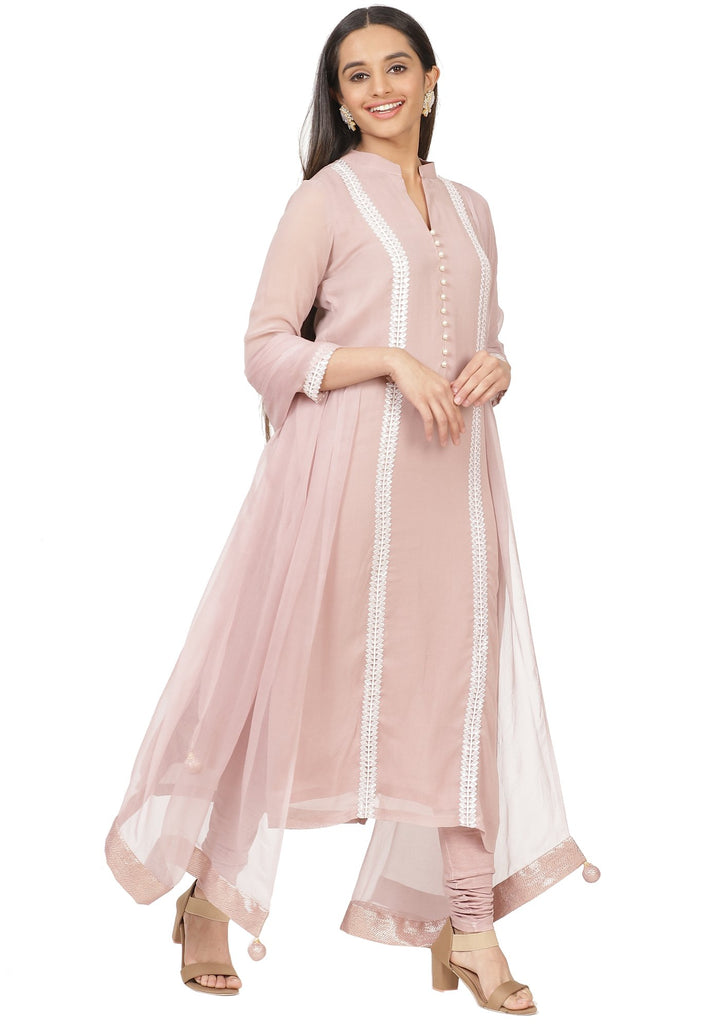 anokherang Combos Mauve Pearl Georgette Straight Kurti with Churidaar and Chiffon Dupatta