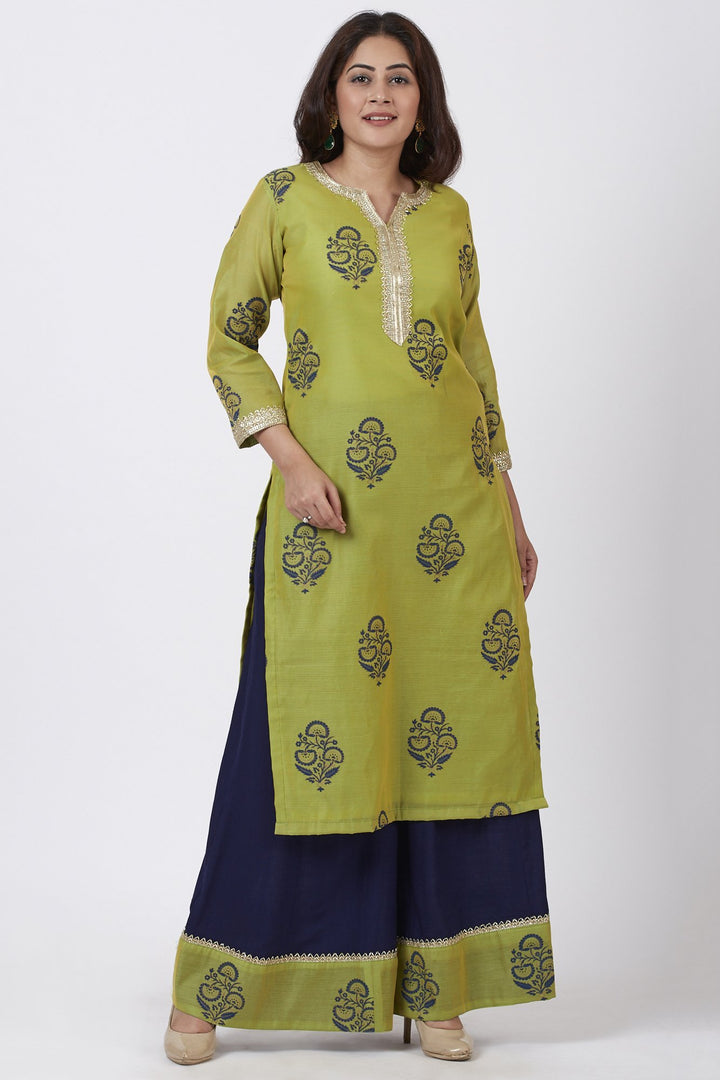 anokherang Combos Mehendi Green Block Printed A-Line Kurti with Flared Palazzo