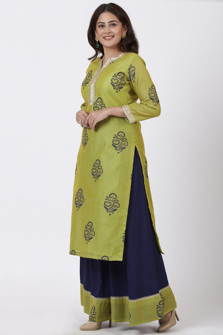 anokherang Combos Mehendi Green Block Printed A-Line Kurti with Flared Palazzo