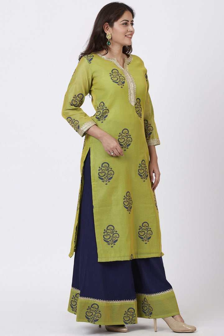 anokherang Combos Mehendi Green Block Printed A-Line Kurti with Flared Palazzo