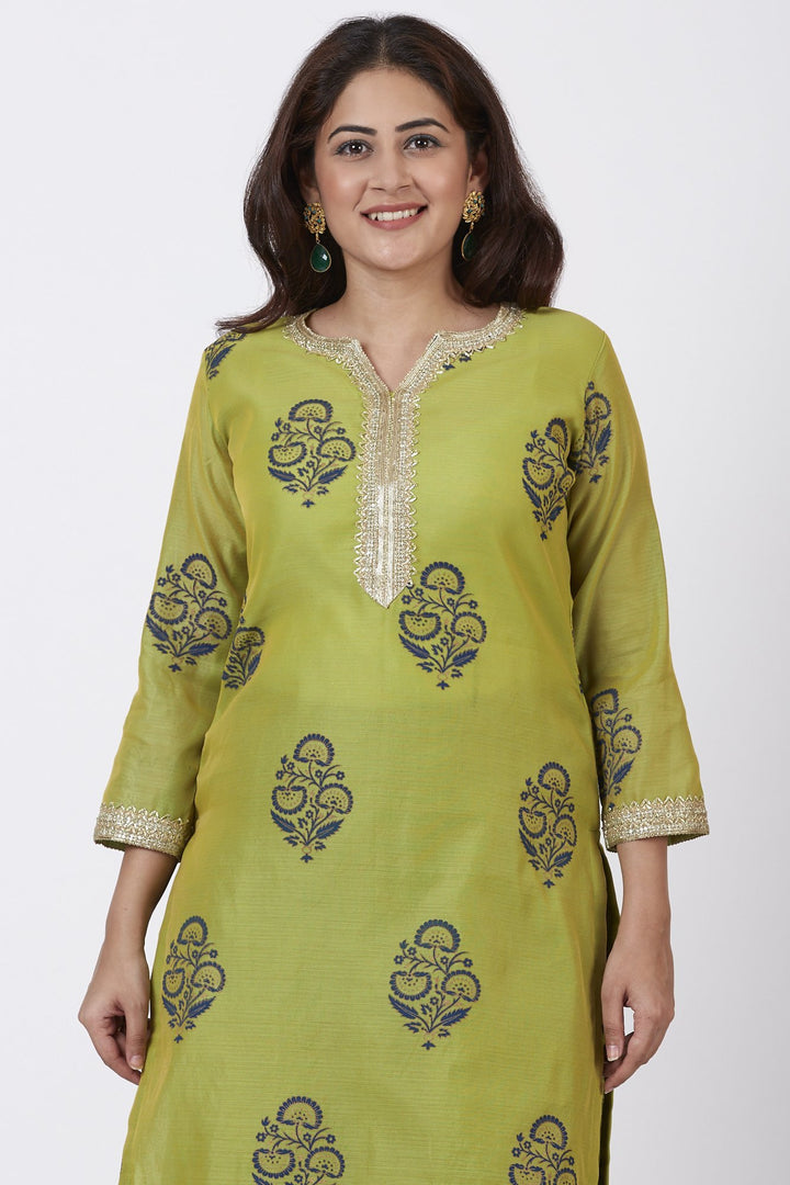 anokherang Combos Mehendi Green Block Printed A-Line Kurti with Flared Palazzo