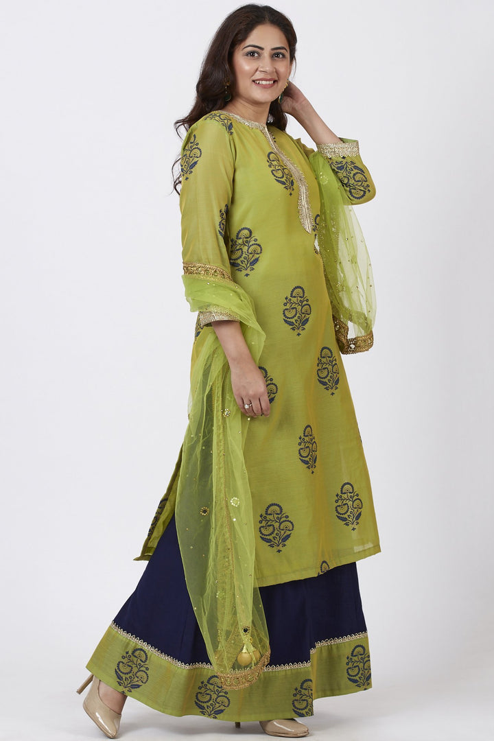 anokherang Combos Mehendi Green Block Printed Straight Kurti with Flared Palazzo and Net Mirror worked Dupatta