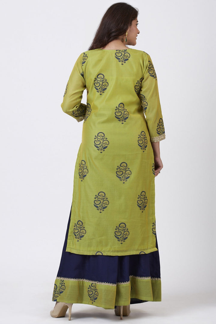anokherang Combos Mehendi Green Block Printed Straight Kurti with Flared Palazzo and Net Mirror worked Dupatta