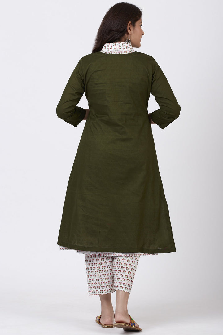 anokherang Combos Mehendi Green Collared Printed Kurti with Straight Pants