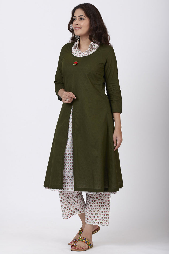 anokherang Combos Mehendi Green Collared Printed Kurti with Straight Pants